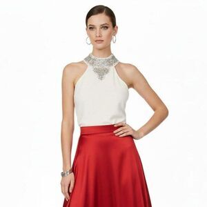 Beaded Party Holiday Mock Neck Silk Tank Top | Women’s Large | Ivory